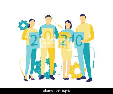 Illustration of people holding placards that read 2020 in flat blue and yellow style. The concept of team work in 2020. Stock Vector