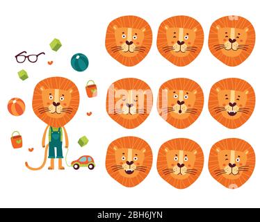 Set of cute cartoon lion with various emotions.  Stock Vector