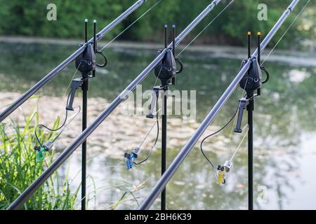 Professional carp fishing bite alarms, close-up from lakeside