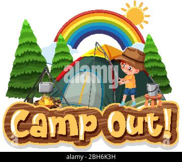 Font design for camp out with tent in the park illustration Stock Vector