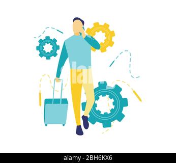 Flat vector illustration of a business concept, Men are busy talking on the phone and walking at the airport. Carrying things in a suitcase. Stock Vector