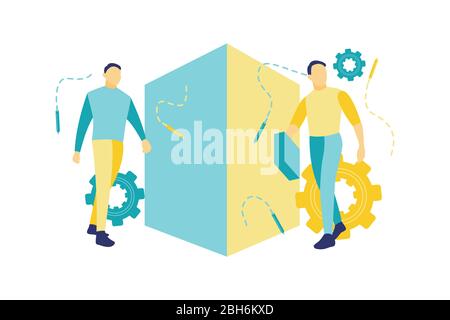 Flat vector illustration, two men are walking will meet at an intersection. Two men who are going to work. One of them carried a briefcase Stock Vector