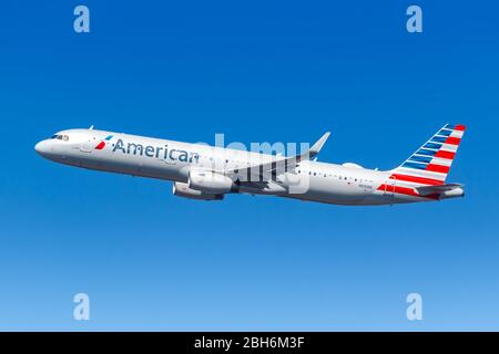 New York City, New York – March 1, 2020: American Airlines Airbus A321 airplane at New York JFK airport (JFK) in the United States. Stock Photo