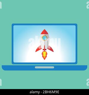 Flat style. The rocket on the side of the screen laptop takes off. Isollated on green Stock Vector