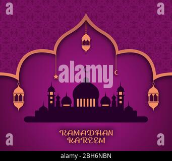 Ramadan Kareem vector with silhouette illustration of the mosque and lanterns hanging with purple and orange colors and patterns on it. Stock Vector