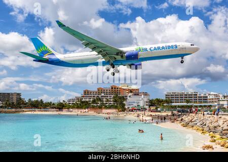 Sint Maarten – September 17, 2016: Air Caraibes Airbus A330-300 airplane at Sint Maarten airport (SXM) in Sint Maarten. Airbus is a European aircraft Stock Photo