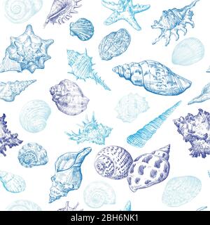 Seamless pattern with hand drawing sketch seashells. Vector illustration of seashells in blue color isolated on white background. Design travel summer Stock Vector