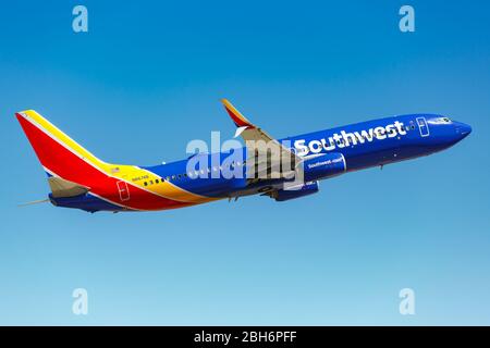 Phoenix, Arizona – April 8, 2019: Southwest Airlines Boeing 737-800 airplane at Phoenix Sky Harbor airport (PHX) in Arizona. Boeing is an American air Stock Photo