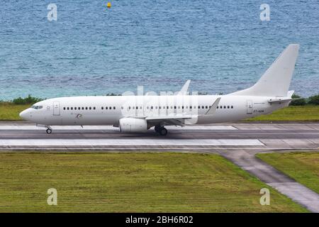 Mahe, Seychelles – February 3, 2020: Ethiopian Boeing 737-800 airplane at Mahe airport (SEZ) in the Seychelles. Boeing is an American aircraft manufac Stock Photo