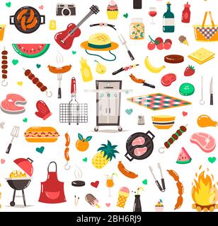 Summer, spring barbecue grill and picnic pattern. Snacks, vegetables, healthy food. Meat, sausages, bottles with sauces and other grill tools. Party i Stock Vector