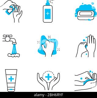 water faucet and hand hygiene icon set over white background, half color half line style, vector illustration Stock Vector