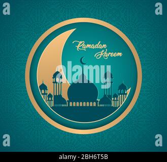 Beautiful Ramadan Kareem greeting card designs. Month of fasting for muslims. Illustration of brown crescent moon and mosque on a blue background Stock Vector