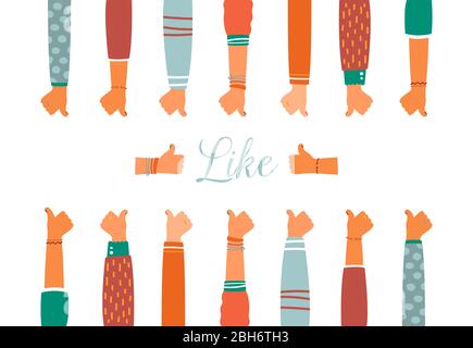 Colorful up hands set with thumbs up gestures, vector illustration Stock Vector