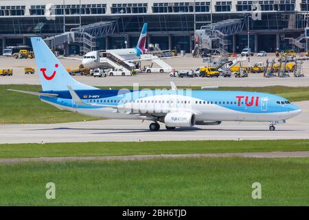 Stuttgart, Germany – May 23, 2019: TUI Boeing 737 airplane at Stuttgart airport (STR) in Germany. Stock Photo