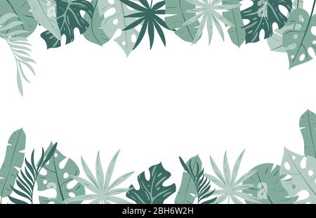 Jungle background. Tropical leaves frame. Rainforest foliage plants, green grass trees. Paradise african wildlife jungle vector frame on white. Stock Vector