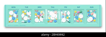 Pill organizer with to many drugs, symbol for overmedication, overdose, hypochondria, medical side effects, addiction to pills and big pharma business. Stock Photo