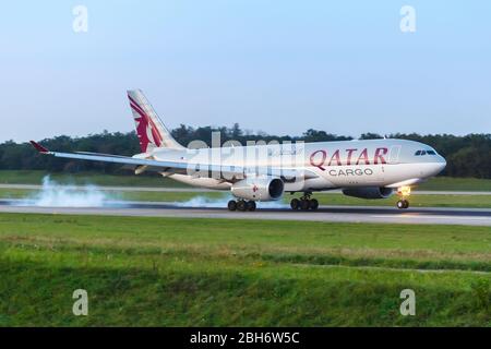 Mulhouse, France – August 31, 2019: Qatar Cargo Airbus A330-200F airplane at Basel Mulhouse airport (EAP) in France. Stock Photo