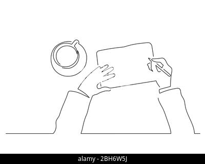 Person writing on a paper isolated line drawing, vector illustration design. People using technology collection. Stock Vector