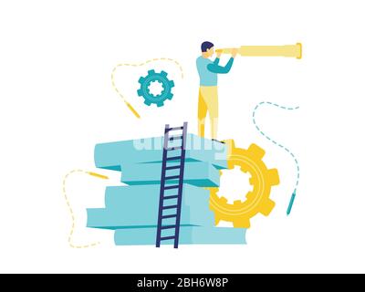 Flat vector illustration, business man looking at a business plan using a large telescope on a pile of blue and yellow books. Stock Vector