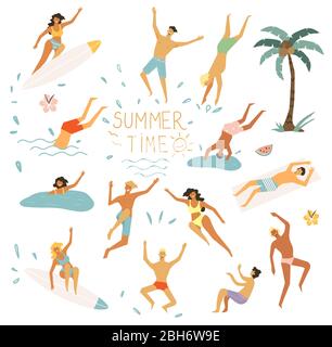 Set of vector cute summer icons: peoples swimming, flamingos, tropical flowers, ice cream, palm leaves, fruits and things for swimming at the beach . Stock Vector