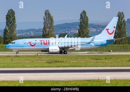 Mulhouse, France – August 31, 2019: TUIfly Boeing 737-800 airplane at Basel Mulhouse airport (EAP) in France. Stock Photo