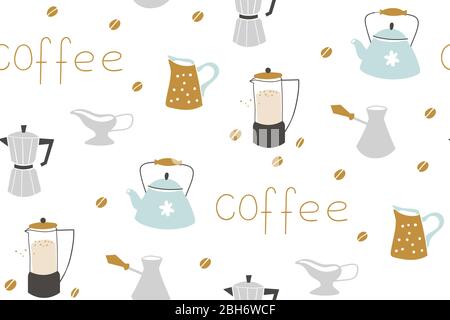 Hand drawn various coffee cups. Vector seamless pattern. Blue background Stock Vector