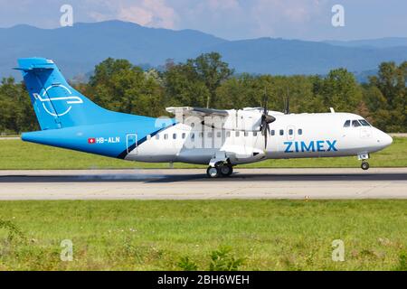 Mulhouse, France – August 31, 2019: Zimex ATR 42-500 airplane at Basel Mulhouse airport (EAP) in France. Stock Photo
