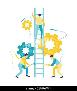 Flat vector illustration, unethical business concept between three men in blue and yellow. Two men who want to drop a man down the ladder. Stock Vector