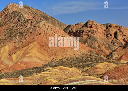 Returning-Sail-in-the-Sunset landform from Colorful-Meeting-Fairy-Observation Deck. Zhangye Danxia Qicai Scenic Spot-Gansu-China-0832 Stock Photo