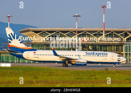 Mulhouse, France – August 31, 2019: SunExpress Boeing 737-800 airplane at Basel Mulhouse airport (EAP) in France. Stock Photo