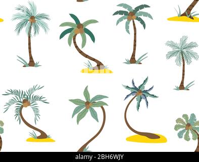 Tropical palm trees pattern on white background. Colorful set palms of vectors. Stock Vector