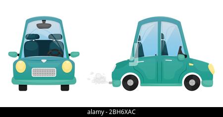 Vector illustration with a blue cartoon car. Side and front view. Private car. Stock Vector