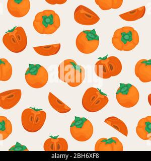 Seamless vector pattern with ripe persimmon. Whole persimmons and pieces. Stock Vector