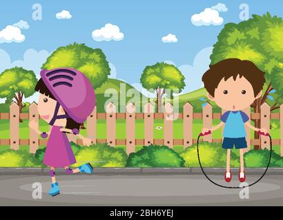 Background scene with two kids in the park illustration Stock Vector