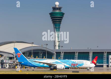 Guangzhou, China – September 24, 2019: China Southern Airlines Boeing 787-9 Dreamliner airplane at Guangzhou airport (CAN) in China.