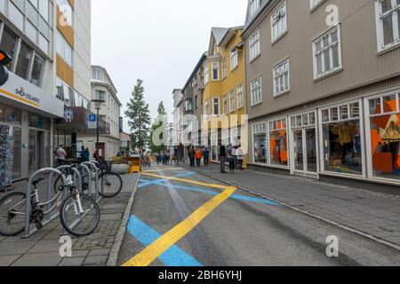 General view along Laugavegur, the main shopping street in central Reykjavik, Iceland. Stock Photo