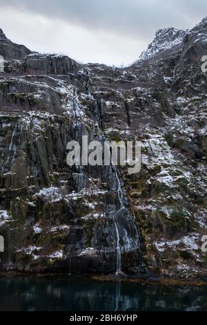 The Jarsteinelva waterfall in Trollfjorden, Hadsel, Vesterålen, Norway Stock Photo