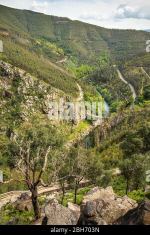 Landscape of the paiva walkways, seen with part of the wooden walkway in the foreground and in the background the Garganta do Paiva with a stone bridg Stock Photo