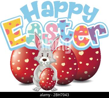 Happy Easter font design with easter bunny and eggs illustration Stock Vector