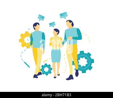 Flat vector illustration, two men and a woman talking about business problems. Talk about the progress of their company. Business concept. Stock Vector