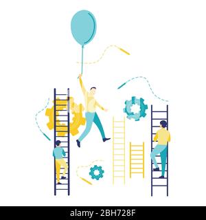 Flat vector illustration of a business concept, a flying businessman holding a balloon, man climbing ladders. The concept of success and career growth Stock Vector