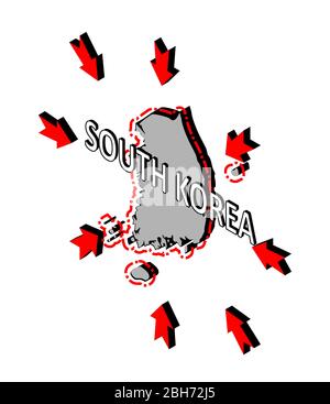 South Korea closes borders, quarantine, protection against coronavirus. Ban on crossing borders. Vector isometric image of South Korea map with arrows Stock Vector