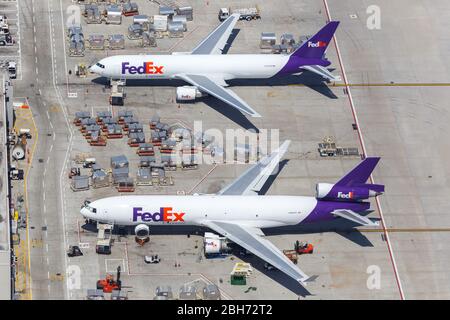 Los Angeles, California – April 14, 2019: Aerial photo of FedEx Express airplanes at Los Angeles International Airport (LAX) in California. Stock Photo