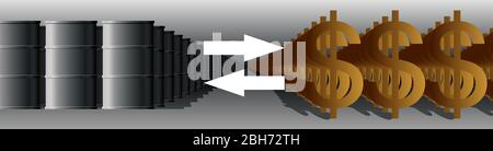 Vector image of rows of barrels and dollars extending into the distance, arrows. Oil prices, the cost of a barrel in dollars. Oil crisis. Banner for t Stock Vector