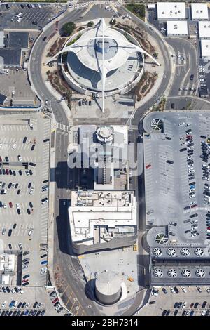 Los Angeles, California – April 14, 2019: Aerial photo of Tower and Theme Building at Los Angeles International Airport (LAX) in California. Stock Photo