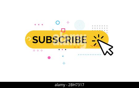 Button of subscribe, funny and colorful style icon. Media Channel Subscription, click on yellow button with geometric design element. Vector Stock Vector