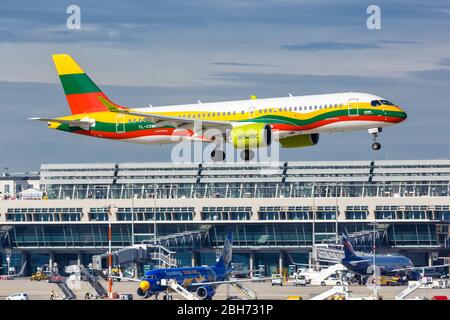 Stuttgart, Germany – October 20, 2019: Air Baltic Airbus A220-300 airplane at Stuttgart airport (STR) in Germany. Stock Photo