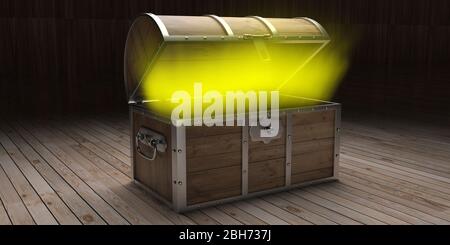 Treasure chest with glowing yellow light inside. Old wooden trunk with open lid, pandora box treasure, abundance concept. 3d illustration Stock Photo