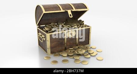 Treasure chest with gold isolated against white background. Old wooden trunk with open lid full of golden coins. 3d illustration Stock Photo