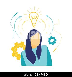 Flat vector illustration, front view of a business woman with ideas flowing above her head in blue and yellow. Stock Vector